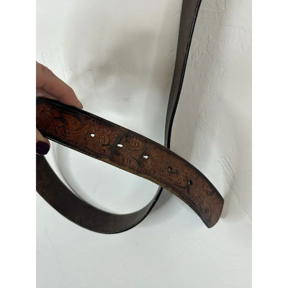 Leather Embossed Vintage Belt Brown Western Cowboy Boho Size 44 Retro Western